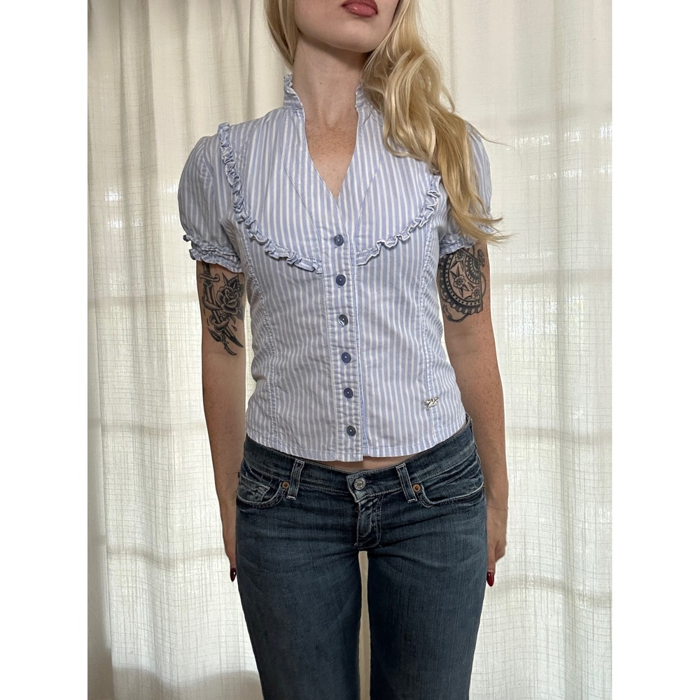 Vintage y2k striped puff sleeve ruffle button up preppy